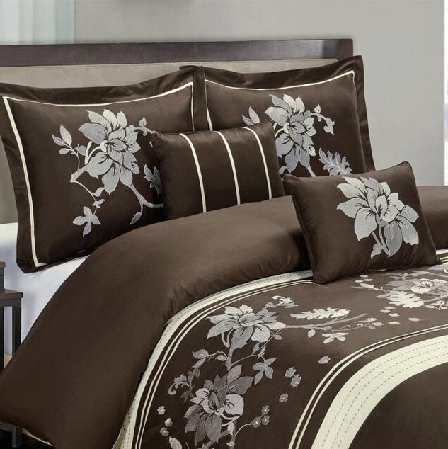 Royal Tradition Celeste 3-Piece Duvet Cover Set - Beige & Chocolate, 100% Cotton, 300 TC, Embroidered