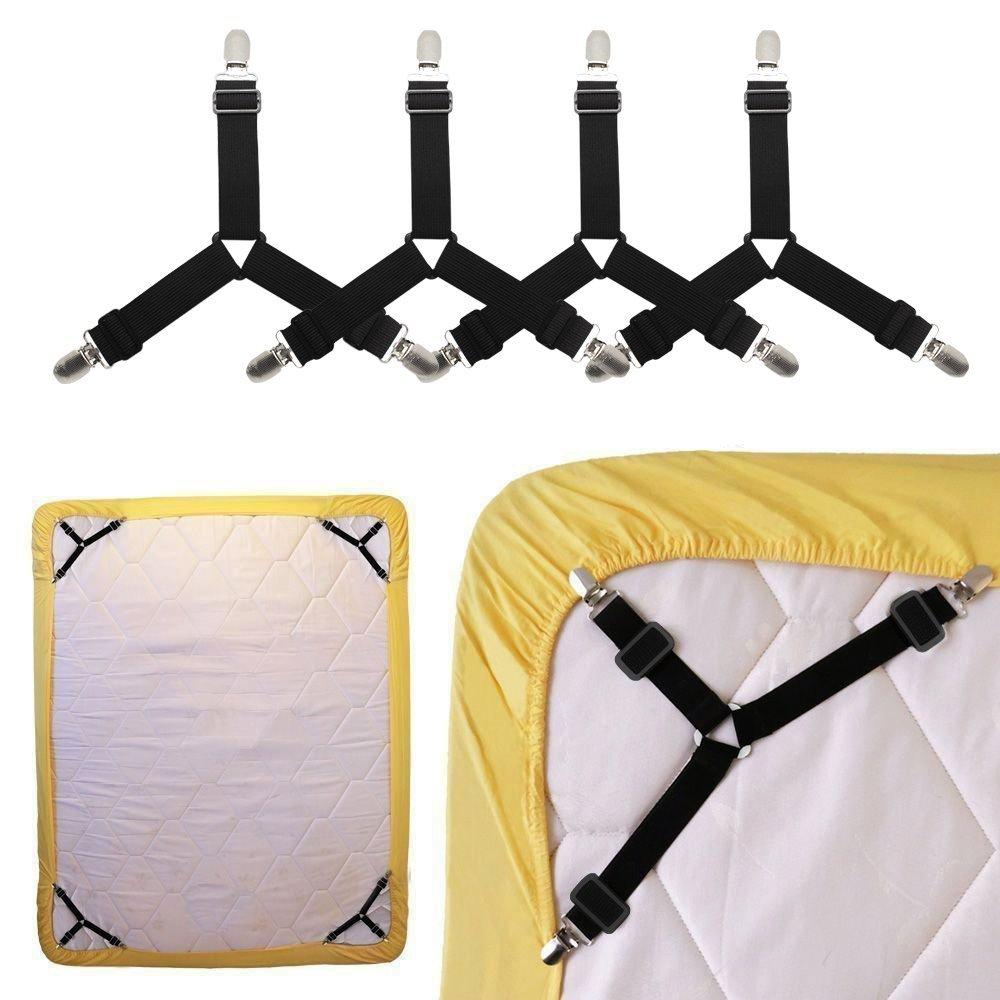 4pcs White Bed Sheet Holder Corner Straps - Elastic Fasteners/Grippers/ Suspenders