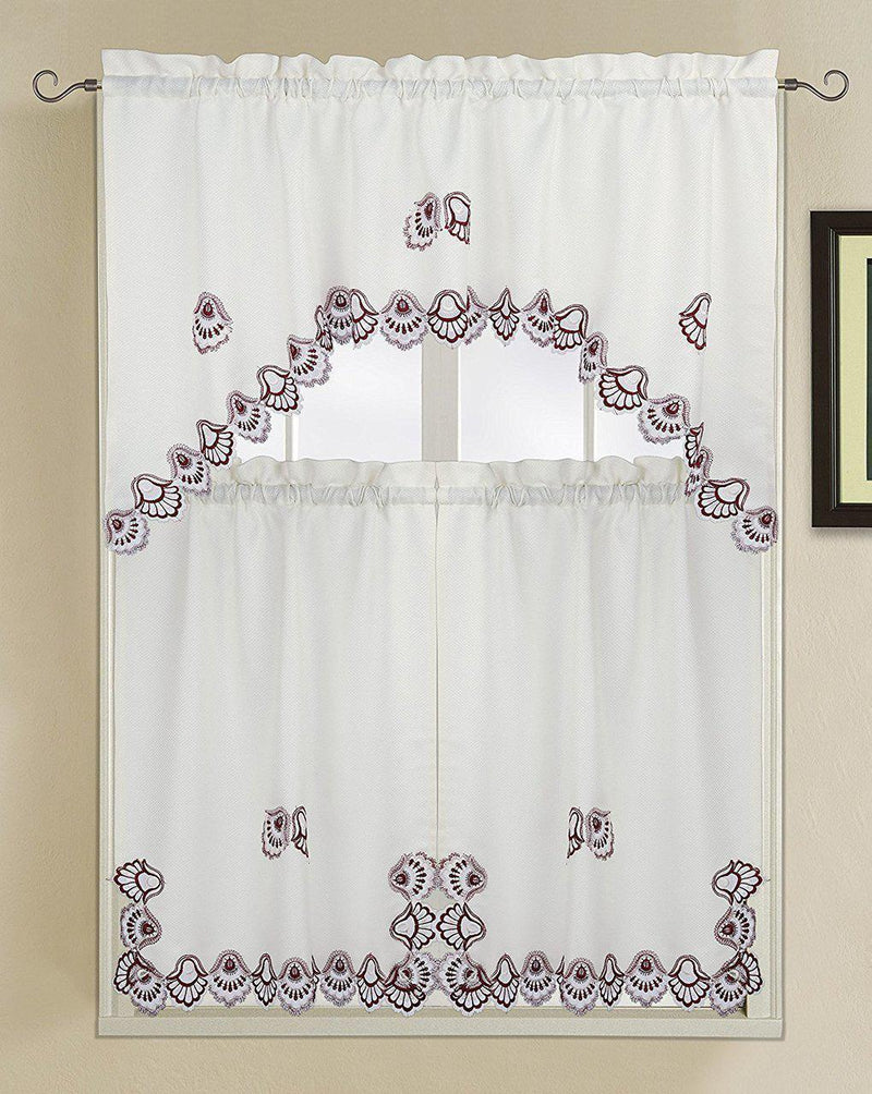 Crest Luxury Embroidered Kitchen 3 Piece Curtain Set-Wholesale Beddings