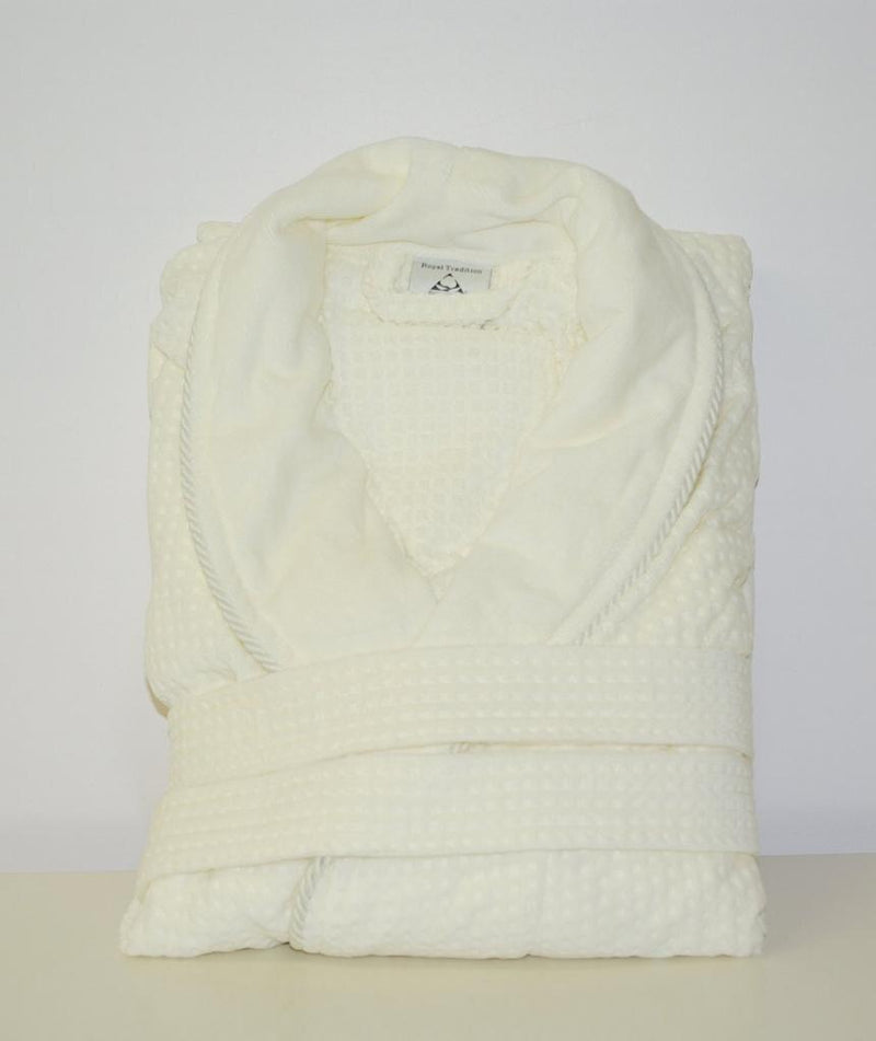 Ivory Cotton Jacquard Velour Shawl Collar Waffle Weave Bath Robes (Single)-Wholesale Beddings
