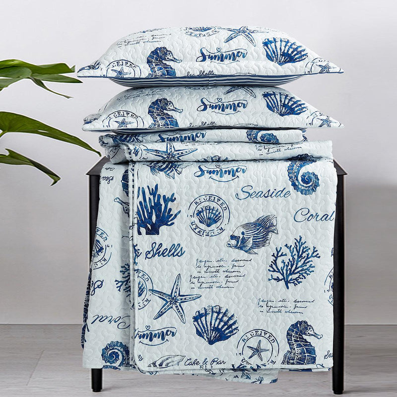 Nautical Sea Shells Quilt - Reversible Bedspread Set-Wholesale Beddings