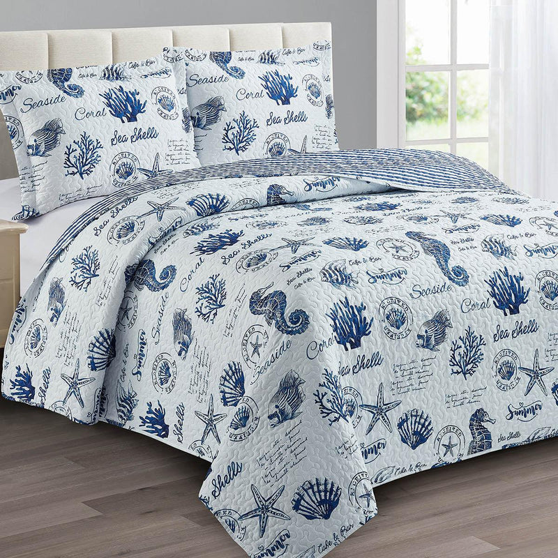 Nautical Sea Shells Quilt - Reversible Bedspread Set-Wholesale Beddings