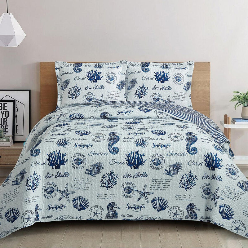 Nautical Sea Shells Quilt - Reversible Bedspread Set-Wholesale Beddings