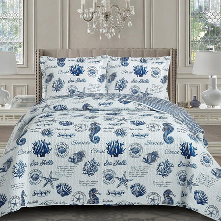 Nautical Sea Shells Quilt - Reversible Bedspread Set-Wholesale Beddings