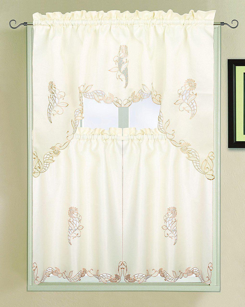 Sydney Luxury Embroidered and Hand Cutwork Kitchen Curtain 3 Piece Set-Wholesale Beddings