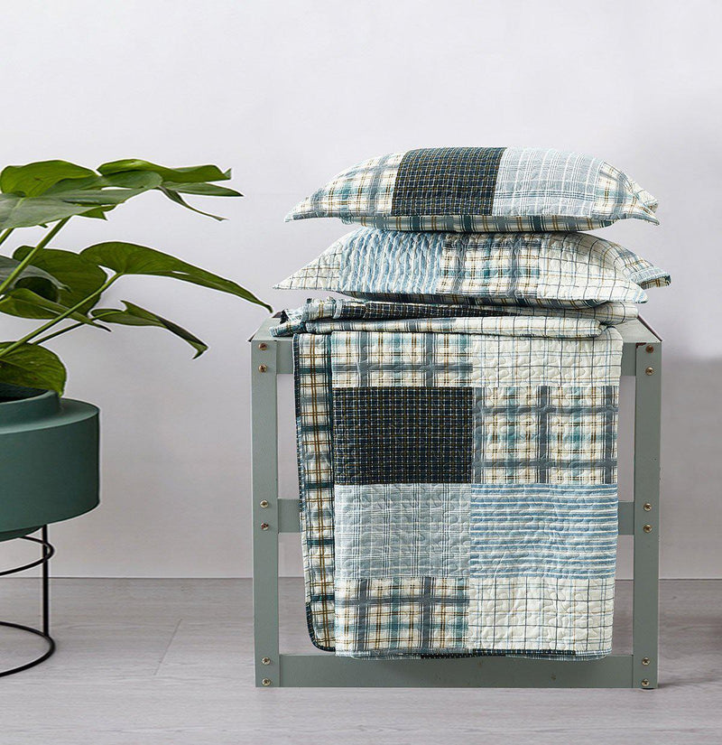 Zoe Reversible Blue Printed Patchwork Bed Quilt Set-Wholesale Beddings