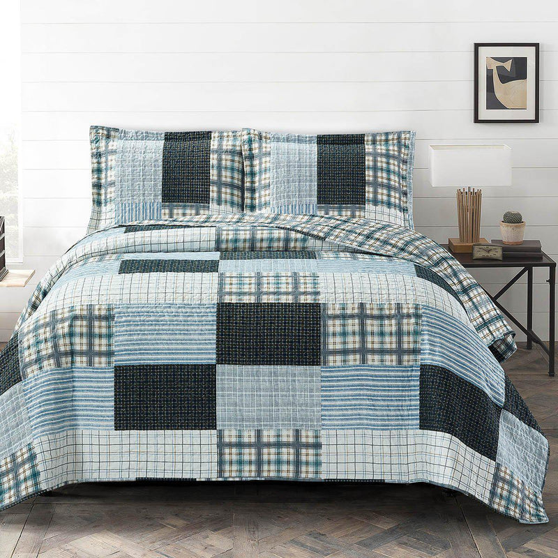 Zoe Reversible Blue Printed Patchwork Bed Quilt Set-Wholesale Beddings